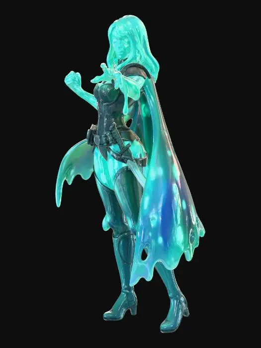 3D model for Create a full-body baseless miniature of a female plasmoid spelljammer captain villain using the provided reference images. Preserve the plasmoid anatomy and translucent slime material, while keeping a humanoid silhouette suitable for tabletop play. Combine the references to create a distinct character: confident, intimidating, morally ruthless rival captain. Maintain the sci-fantasy Spelljammer aesthetic present in the references. Do not add unrelated fantasy elements. Preserve pose, expression, and vibe, slightly exaggerating the stance and gestures for miniature readability. Full color with textures informed by the references (slime translucency, clothing, gear). Designed for resin printing: solid geometry, thick enough limbs, no floating parts, stable full-body proportions. No base.