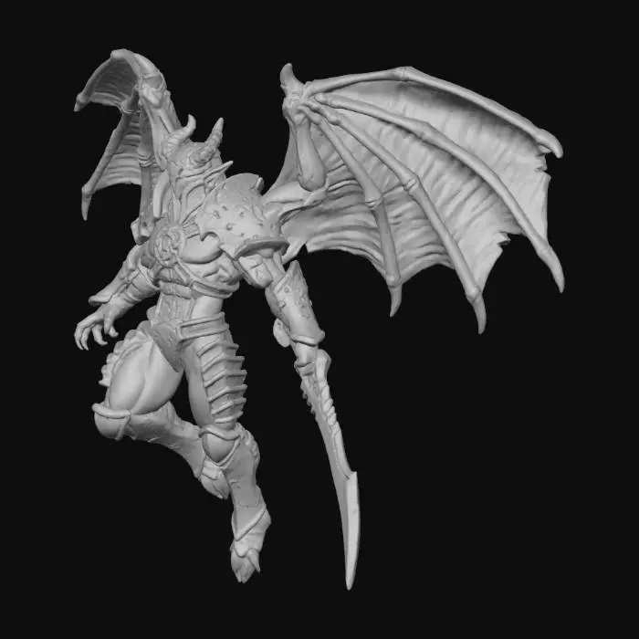 3D model for Stylized winged devil in miniature scale, designed for 3D printing. Athletic cambion body with bat-like wings veined in molten channels. Obsidian skin with glowing red runes. Partial Merregon-style armor fused to body: gold-trimmed pauldrons, bracers, greaves. Chest embedded with infernal runic core. Weapon fused to forearm—glaive or crossbow limb. Golden mask cracked with glowing glyphs. Regal and terrifying posture, mid-flight or landing. No thin floating parts. No background. No base. Dark fantasy style with infernal engine infusion and disciplined menace. Add #villain# to model name.