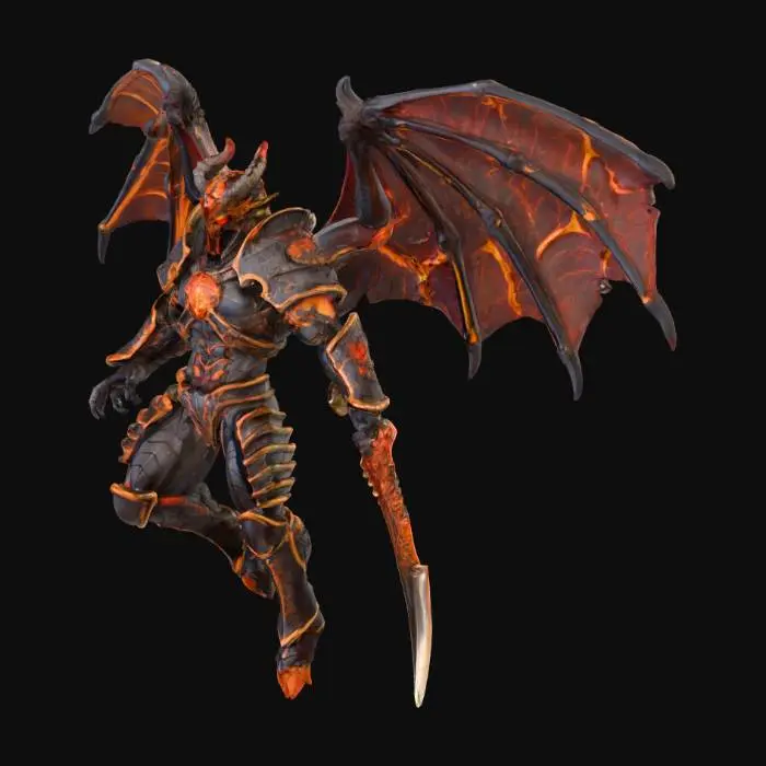 3D model for Stylized winged devil in miniature scale, designed for 3D printing. Athletic cambion body with bat-like wings veined in molten channels. Obsidian skin with glowing red runes. Partial Merregon-style armor fused to body: gold-trimmed pauldrons, bracers, greaves. Chest embedded with infernal runic core. Weapon fused to forearm—glaive or crossbow limb. Golden mask cracked with glowing glyphs. Regal and terrifying posture, mid-flight or landing. No thin floating parts. No background. No base. Dark fantasy style with infernal engine infusion and disciplined menace. Add #villain# to model name.