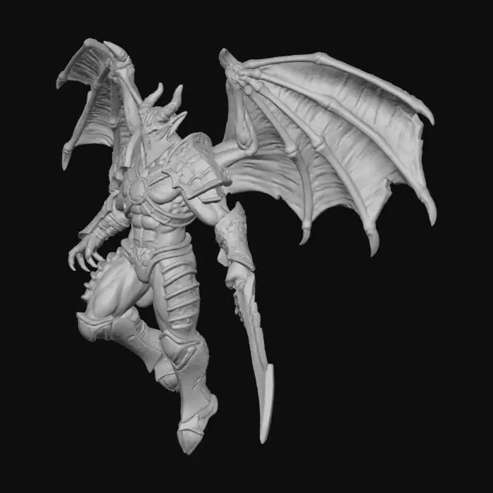 3D model for Stylized winged devil in miniature scale, designed for 3D printing. Athletic cambion body with bat-like wings veined in molten channels. Obsidian skin with glowing red runes. Partial Merregon-style armor fused to body: gold-trimmed pauldrons, bracers, greaves. Chest embedded with infernal runic core. Weapon fused to forearm—glaive or crossbow limb. Golden mask cracked with glowing glyphs. Regal and terrifying posture, mid-flight or landing. No thin floating parts. No background. No base. Dark fantasy style with infernal engine infusion and disciplined menace. Add #villain# to model name.