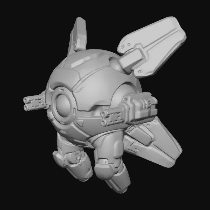 3D model for Small flying cyberpunk attack drone, spherical body with chunky stabilizer fins, cute proportions, single central eye lens, tiny laser cannons mounted on sides, smooth armored plating, floating pose, compact silhouette with no thin parts, stylized mini with realistic proportions, slightly exaggerated features, bright even lighting, ready for 3D printing.