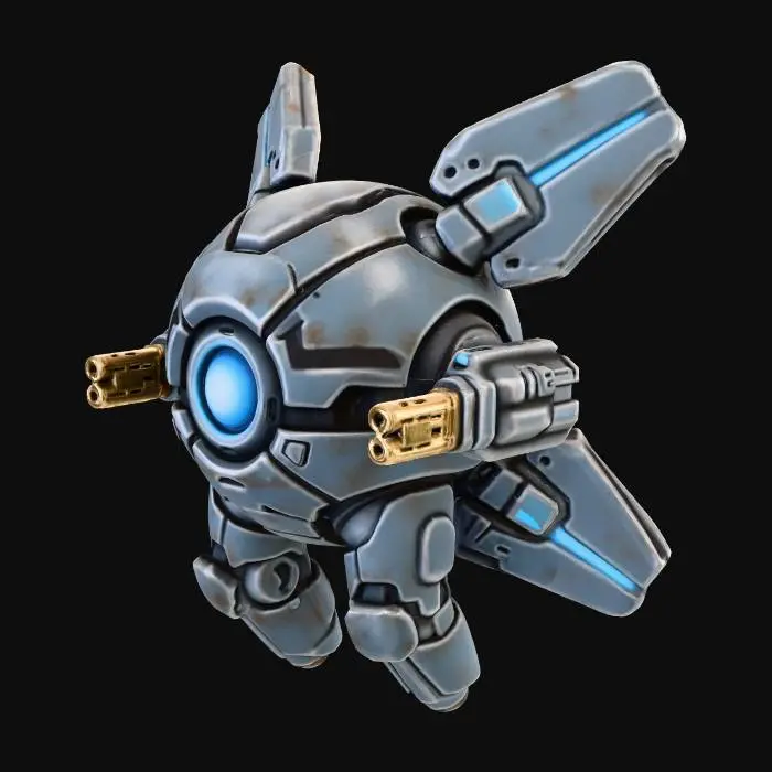 3D model for Small flying cyberpunk attack drone, spherical body with chunky stabilizer fins, cute proportions, single central eye lens, tiny laser cannons mounted on sides, smooth armored plating, floating pose, compact silhouette with no thin parts, stylized mini with realistic proportions, slightly exaggerated features, bright even lighting, ready for 3D printing.