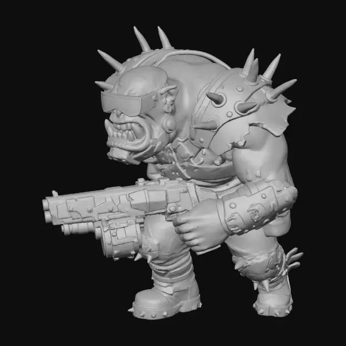 3D model for Orc cyber psycho, charging pose, rugged urban punk armor with neon spikes, cybernetic jaw and visor, heavy pistol, enraged expression, stylized mini with realistic proportions, clear silhouette, slightly exaggerated features for readability, smooth surfaces, bright even lighting, ready for 3D printing.