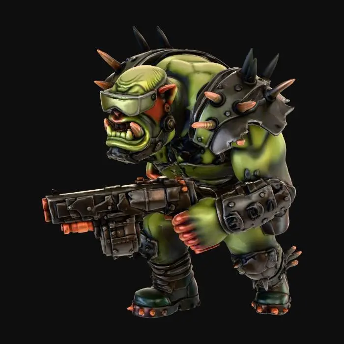 3D model for Orc cyber psycho, charging pose, rugged urban punk armor with neon spikes, cybernetic jaw and visor, heavy pistol, enraged expression, stylized mini with realistic proportions, clear silhouette, slightly exaggerated features for readability, smooth surfaces, bright even lighting, ready for 3D printing.