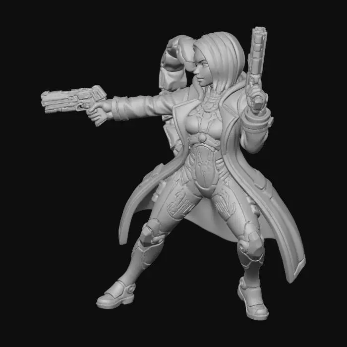 3D model for Cyberpunk woman with a robotic scorpion tail coming out from under her raincoat. It needs to be obvious the tail comes out from UNDER the raincoat and not out of it, where it looks natural. she wields dual pistols and has a cyberpunk vibe leotard under her raincoat, unlike the reference image she needs to be standing in a action combat pose. stylized mini with realistic proportions, clear silhouette, slightly exaggerated features for readability, smooth surfaces, bright even lighting, ready for 3D printing. full color no base