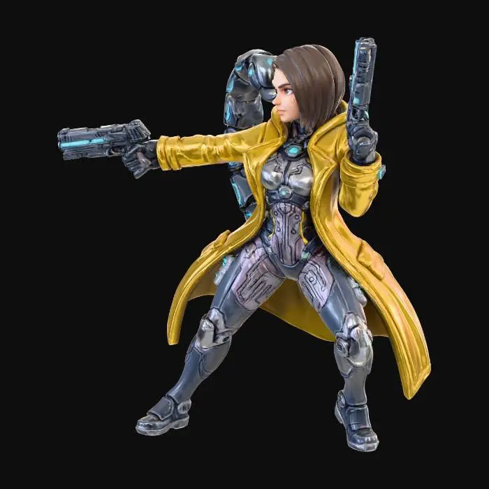 3D model for Cyberpunk woman with a robotic scorpion tail coming out from under her raincoat. It needs to be obvious the tail comes out from UNDER the raincoat and not out of it, where it looks natural. she wields dual pistols and has a cyberpunk vibe leotard under her raincoat, unlike the reference image she needs to be standing in a action combat pose. stylized mini with realistic proportions, clear silhouette, slightly exaggerated features for readability, smooth surfaces, bright even lighting, ready for 3D printing. full color no base