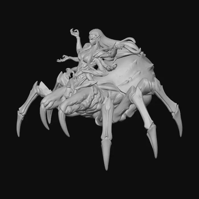 3D model for Lolth, The spider Queen. Equal parts creepy and terrifying and alluring and seductive. a beautiful drown elf woman but has 8 arms instead of 2. who's torso goes into where the spiders head would be and has the spiders mandibles as legs and that goes into the rest of the full massive spider form. use a composite of the reference images. make her elf 8 armed elf body beautiful curvy and seductive but also extremely creepy and menacing. She is the Goddess of the drow-elfs and spiders. I really like the pose of the up close art of her in the white silk armor, and even liek the armor but the books always describe her as impossible beautiful and seductive so more of that. make it look like it could be a d&d miniature but no base I'll handle the base and make it full color