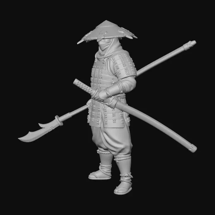 3D model for A 3D printable tabletop miniature based exactly on the reference image. The model must have solid, watertight geometry suitable for resin printing. It features the character in the conical bladed hat, face mask, lamellar armor, baggy green pants, and boots. He is holding the polearm glaive in his right hand and has the sheathed katana on his left hip, just as depicted. The final model should have a hand-painted texture style applied, matching the weathered metal, green cloth, and leather colors in the image. No base, standing on the ground plane. Ensure thick details for durability.