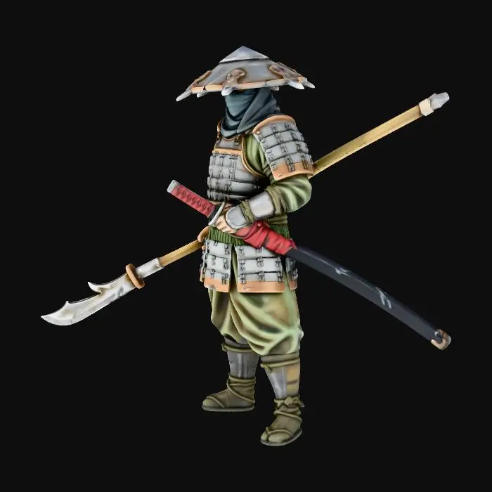 3D model for A 3D printable tabletop miniature based exactly on the reference image. The model must have solid, watertight geometry suitable for resin printing. It features the character in the conical bladed hat, face mask, lamellar armor, baggy green pants, and boots. He is holding the polearm glaive in his right hand and has the sheathed katana on his left hip, just as depicted. The final model should have a hand-painted texture style applied, matching the weathered metal, green cloth, and leather colors in the image. No base, standing on the ground plane. Ensure thick details for durability.