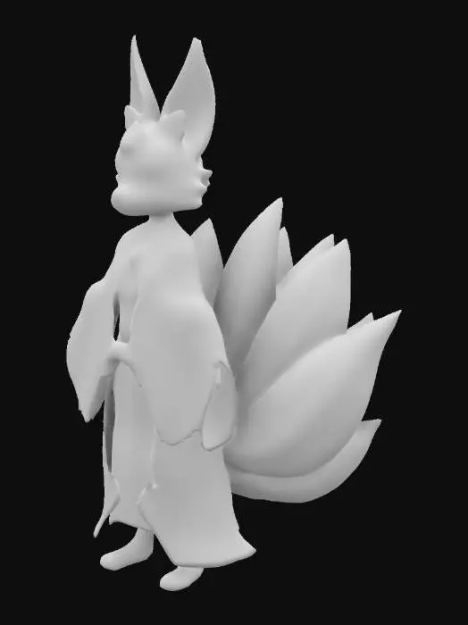 3D model for Kitsune: Multi-tailed fox spirit; silky kimono with floral patterns and glowing ornaments.