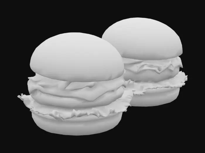 3D model for Two juicy gourmet burgers, one with a double beef patty, cheddar cheese, lettuce, and pickles; the other with crispy fried chicken, coleslaw, spicy mayo, and a sesame seed bun, open-faced burgers