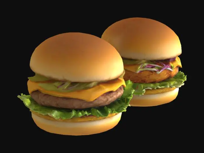 3D model for Two juicy gourmet burgers, one with a double beef patty, cheddar cheese, lettuce, and pickles; the other with crispy fried chicken, coleslaw, spicy mayo, and a sesame seed bun, open-faced burgers