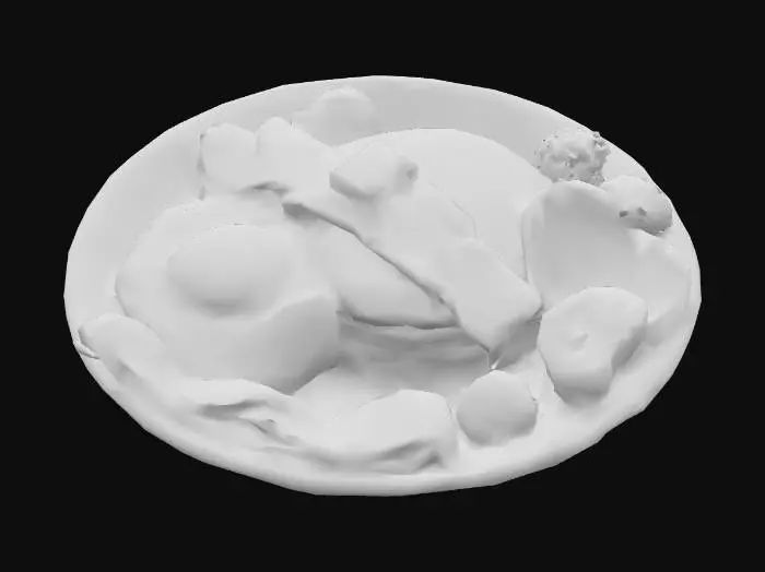 3D model for A delicious breakfast plate with crispy bacon, sunny-side-up eggs with a glossy yolk, two golden-brown pancakes stacked with melting butter and maple syrup dripping, a slice of toasted white bread, and fresh strawberries on the side. Hyper-realistic, high-quality textures, photorealistic lighting, detailed 3D model suitable for rendering.