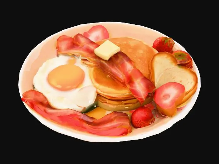 3D model for A delicious breakfast plate with crispy bacon, sunny-side-up eggs with a glossy yolk, two golden-brown pancakes stacked with melting butter and maple syrup dripping, a slice of toasted white bread, and fresh strawberries on the side. Hyper-realistic, high-quality textures, photorealistic lighting, detailed 3D model suitable for rendering.