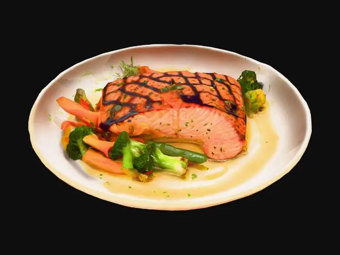 3D model for A gourmet lunch plate featuring a perfectly grilled salmon fillet with visible grill marks, sautéed colorful vegetables including broccoli, carrots, and bell peppers, with a drizzle of olive oil and herbs. Realistic textures, shiny and fresh appearance, cinematic lighting, professional food photography style, ready for 3D modeling.
