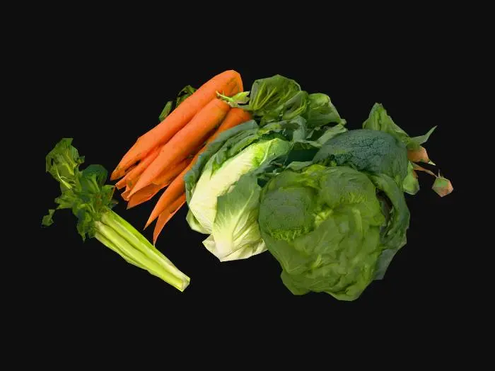 3D model for vegetables, carrots, cabbage, leafy greens, broccoli, none of them can be together, all separate and next to each other
