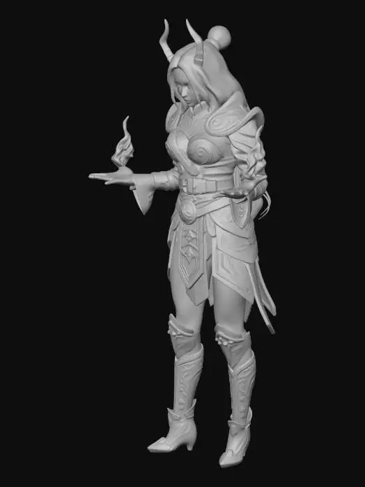 3D model for 3D model of a female mystical warrior, elegant and alluring, with flowing magical aura, standing confidently. She has long silver hair, glowing light-blue eyes, and ethereal armor with subtle mystical engravings. Pose is slightly dynamic, T-pose optional, realistic proportions, high-quality 3D ready for texturing. Focus on overall silhouette and key features, do not overcomplicate mesh. Style: realistic fantasy, cinematic lighting.