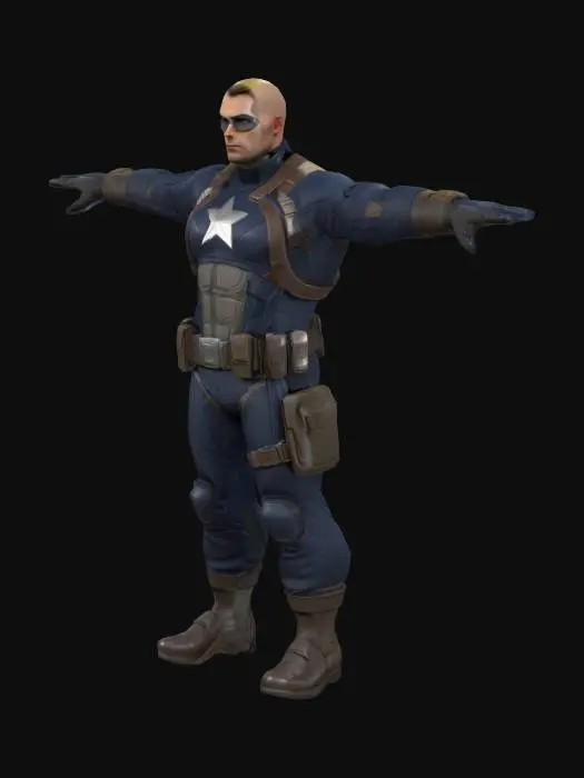 3D model for A highly detailed 3D character model inspired by Captain America, without the shield, wearing a modern tactical superhero suit with a star emblem on the chest, armored boots and gloves, and a utility belt. The character is in a T-pose, designed for game development, with clean topology, PBR materials, and rigged for animation. Stylized realism, suitable for real-time rendering in Unreal Engine 5, 4K textures, cinematic lighting.
