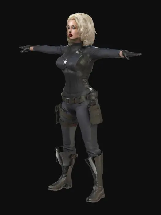 3D model for A highly detailed 3D female superhero character inspired by Marilyn Monroe, blending classic Hollywood beauty with a modern tactical superhero style. The character has platinum blonde curled hair, glamorous facial features, and wears a sleek, form-fitting tactical suit with a subtle star emblem, armored boots and gloves, and a utility belt. Designed in a stylized realism suitable for real-time rendering in Unreal Engine 5, the model is in a T-pose, fully rigged, clean topology, PBR materials, and 4K textures, cinematic lighting.