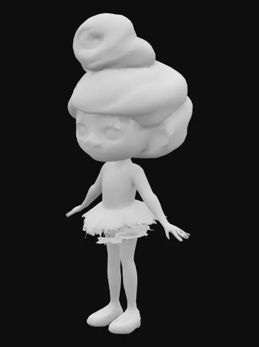 3D model for 3D model of a small, anthropomorphic character with a candy swirl head and a girlish outfit. The character should have a white dress with a ballerina skirt and soft, cartoonish features. Her head should be designed like a candy, with a spiral design on top. The character should have a playful and cheerful expression.
