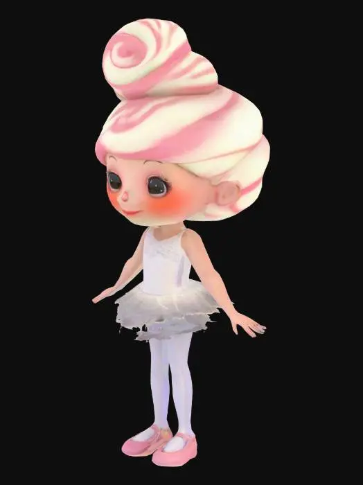 3D model for 3D model of a small, anthropomorphic character with a candy swirl head and a girlish outfit. The character should have a white dress with a ballerina skirt and soft, cartoonish features. Her head should be designed like a candy, with a spiral design on top. The character should have a playful and cheerful expression.