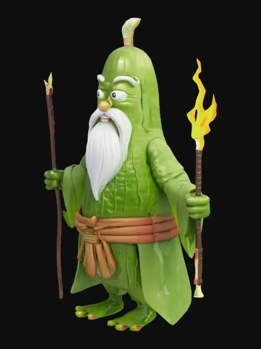 3D model for A hilarious cartoon-style character: “Pickle Sensei” — a wise, ancient ninja master shaped like a giant green pickle with a long white beard made of sea salt. He wears a traditional Japanese robe but it’s made of lettuce leaves. His belt is a sushi roll. He floats slightly above the ground with a mystical vinegar aura. One eye is closed, the other glows. His weapon? A soy-sauce soaked chopstick. Background: a zen garden made of sushi and jars of pickles. The mood is both serious and ridiculously funny. Cartoon style, exaggerated features, high contrast lighting.