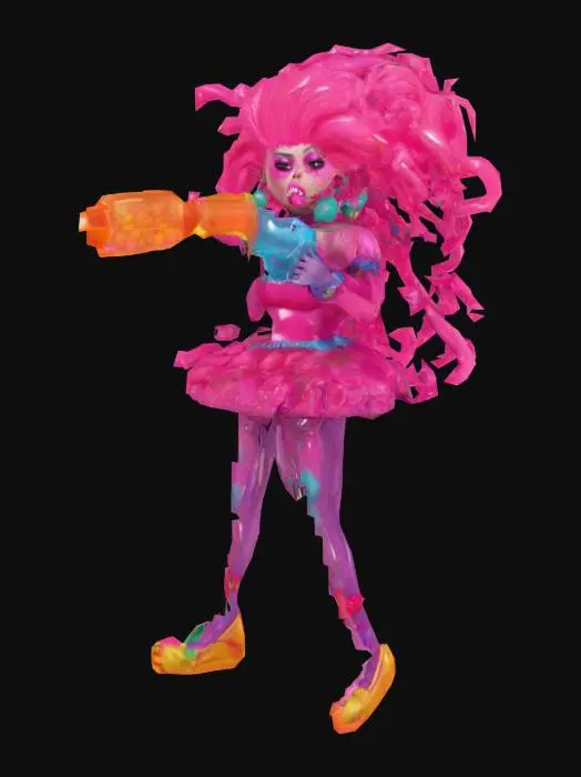 3D model for A pink-overload cartoon villainess: “Lady Bubblegum Wrath.” She’s made entirely of sticky, shiny bubblegum — with wild candy hair, lollipop earrings, and a massive gumball launcher on her shoulder. Her high heels are shaped like chewed gum. Her expression is furious and fabulous. She’s surrounded by a sugar storm and little gummy bear minions. Background: a melted candy battlefield. She’s mid-stride, about to throw a bubblegum grenade. Make it ridiculous, flashy, and hyper-cute. Cartoonish style, vibrant pinks and purples, dynamic pose.