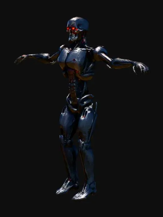 3D model for A game-ready 3D model of the Terminator T-800 in T-pose, glowing red eyes, realistic metallic endoskeleton, optimized low-poly topology, PBR textures (base color, roughness, metallic, normal, AO), rigged skeleton, ready for Unreal Engine 5 import, cinematic lighting, ultra realistic sci-fi style
