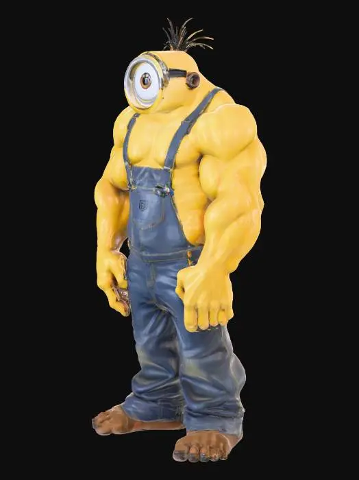 3D model for A towering, robust Minion girl with a muscular, chiseled physique. His iconic yellow skin glistens under dramatic lighting, and his single large, expressive eye peers confidently from the center of his face. His overalls are stretched tight over his massive frame, emphasizing his bulging muscles and broad shoulders. Veins and subtle skin textures add realism, while his stance exudes power and determination. The minimalist background enhances his imposing and exaggerated presence.