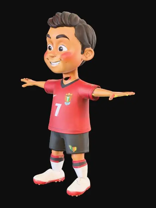 3D model for Ronaldo cartoon character in football kit, T-Pose, colorful and smiling, stylized for kids