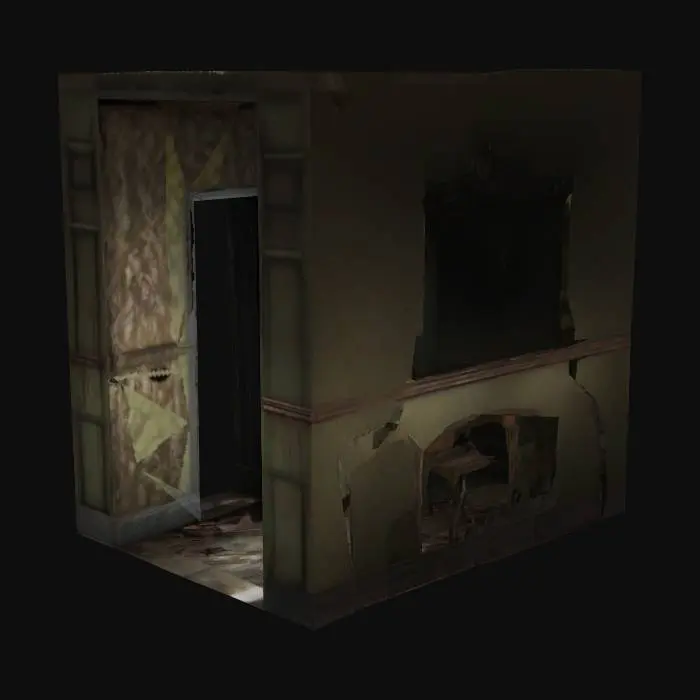 3D model for Create a detailed, interactive 3D model of an abandoned, haunted house inspired by Silent Hill PT. Include dark, flickering lighting, peeling wallpaper, broken furniture, and narrow hallways. Use realistic textures like cracked wood, rusted metal, and damp surfaces. Design rooms to feel claustrophobic yet explorable, with eerie reflections in broken mirrors, subtle noises, and creaking doors. The atmosphere should be unsettling and eerie, capturing the horror ambiance of Silent Hill PT