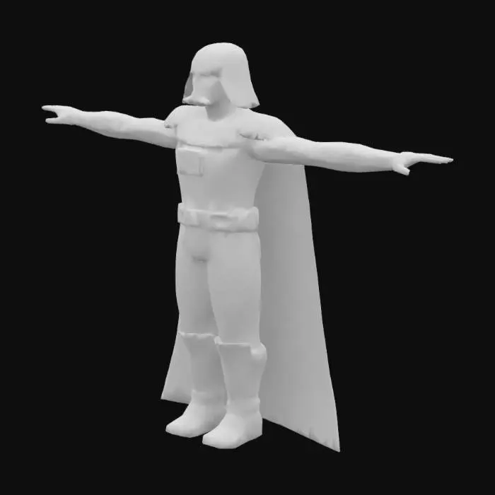 3D model for Create a high-quality, game-ready 3D character mesh in a T-pose, inspired by Darth Vader, designed for Unreal Engine 5. The character should wear a futuristic black armored suit, feature a glossy black helmet, and a long flowing dark cape. The character must be holding a glowing red lightsaber in their right hand, in a neutral T-pose suitable for rigging and animation. Include sci-fi chest controls and detailed armor plating. Use realistic PBR textures (albedo, metallic, roughness, and normal maps). The model must be fully humanoid, with clean topology, and optimized for UE5, matching the Unreal Engine mannequin skeleton. Export format should be FBX or GLTF