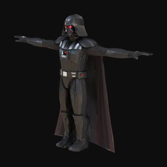 3D model for Create a high-quality, game-ready 3D character mesh in a T-pose, inspired by Darth Vader, designed for Unreal Engine 5. The character should wear a futuristic black armored suit, feature a glossy black helmet, and a long flowing dark cape. The character must be holding a glowing red lightsaber in their right hand, in a neutral T-pose suitable for rigging and animation. Include sci-fi chest controls and detailed armor plating. Use realistic PBR textures (albedo, metallic, roughness, and normal maps). The model must be fully humanoid, with clean topology, and optimized for UE5, matching the Unreal Engine mannequin skeleton. Export format should be FBX or GLTF