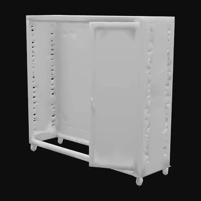 3D model for # Server Rack
voxel server rack; 0.6 m W × 2 m H × 1 m D; frame #2A2A2A, skins #1A1A1A; 12 blade slots with cyan #00F0FF, green #00FF41, red #FF0040 LEDs; alternating blank plates; top cable ladder; base casters #3A3A3A; door open 90°; pivot floor‑center.