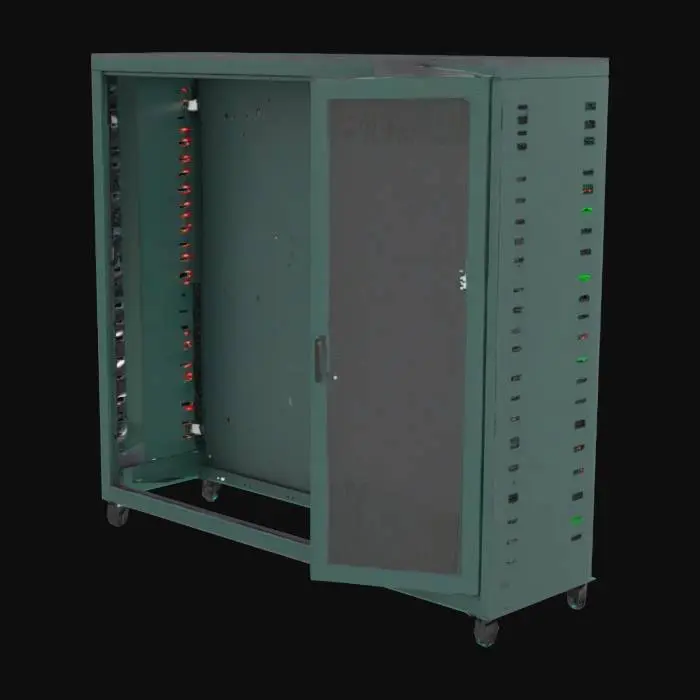 3D model for # Server Rack
voxel server rack; 0.6 m W × 2 m H × 1 m D; frame #2A2A2A, skins #1A1A1A; 12 blade slots with cyan #00F0FF, green #00FF41, red #FF0040 LEDs; alternating blank plates; top cable ladder; base casters #3A3A3A; door open 90°; pivot floor‑center.