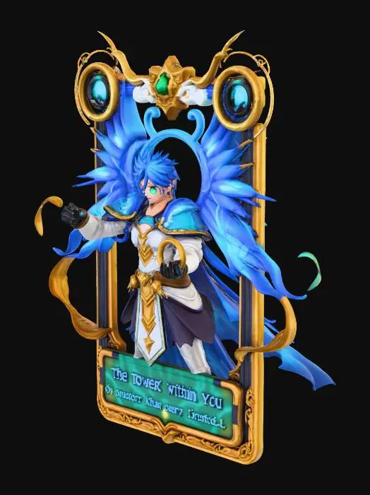 3D model for Fantasy anime magnetic card.The mood of the card
anime fantasy illustration
shining aura, magical elements
heroic, uplifting atmosphere
card-like composition (frame, central character)
Motivational text on the card

The power within you is greater than any obstacle.”