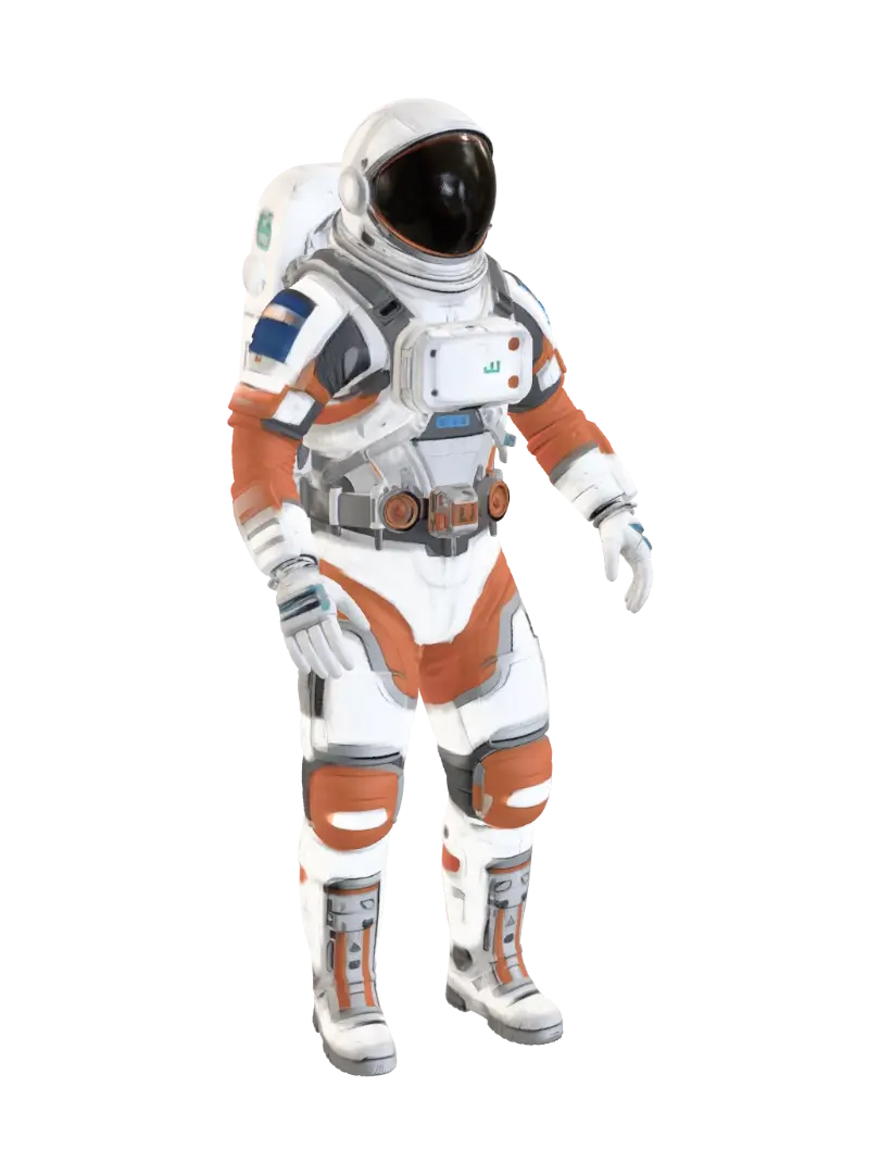 Realistic Indian astronaut wearing a futuristic white and orange EVA spacesuit with… - Visor 3D model, vytvořený pomocí AI