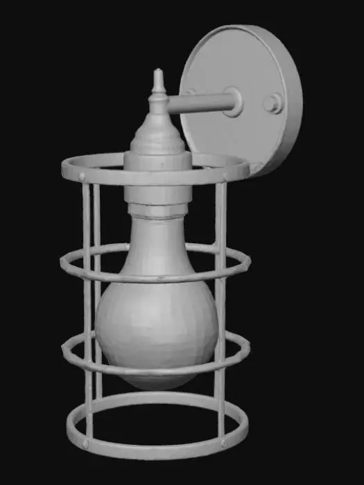3D model for The object is a cylindrical light fixture encased in a rusted metal cage, mounted on a wall, with a weathered and rough texture. add tansparent light bulb inside