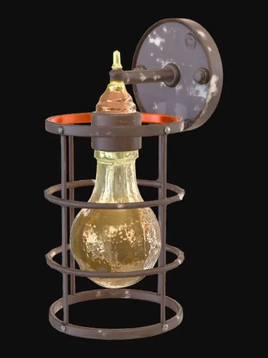 3D model for The object is a cylindrical light fixture encased in a rusted metal cage, mounted on a wall, with a weathered and rough texture. add tansparent light bulb inside