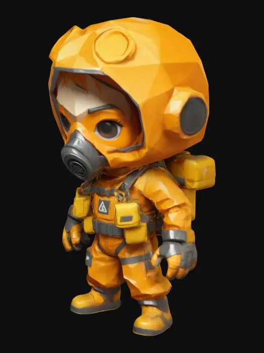 3D model for Stylized character in an angular, low-poly form, chibi character featuring an orange hazmat suit with a yellow backpack, a gas mask, and multiple textures simulating a rugged, geometric design.
