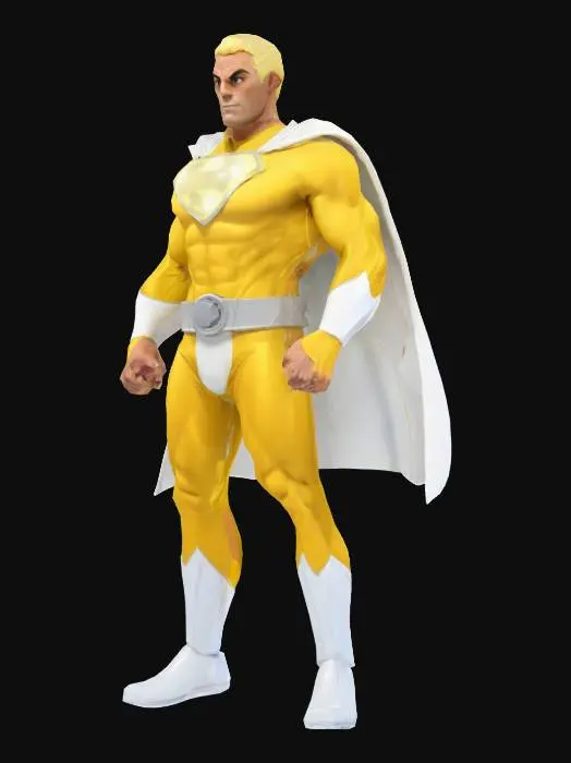 3D model for Super hero named mighty man muscular Cape yellow and white colours