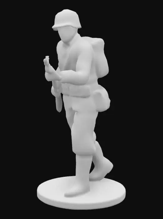 3D model for Miniatura de un soldado republicano de la Guerra Civil Española, con uniforme de la Guardia de Asalto. Lleva un casco tipo M1931, camisa azul con insignias rojas, pantalones de color gris, y botas de cuero. En una mano, sostiene un fusil Mosin-Nagant, y en la otra una granada. El soldado tiene una expresión seria, con barba ligera y ojos enfocados, posando de forma dinámica en un escenario de batalla con escombros y tierra.