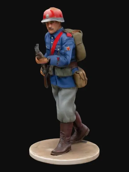 3D model for Miniatura de un soldado republicano de la Guerra Civil Española, con uniforme de la Guardia de Asalto. Lleva un casco tipo M1931, camisa azul con insignias rojas, pantalones de color gris, y botas de cuero. En una mano, sostiene un fusil Mosin-Nagant, y en la otra una granada. El soldado tiene una expresión seria, con barba ligera y ojos enfocados, posando de forma dinámica en un escenario de batalla con escombros y tierra.