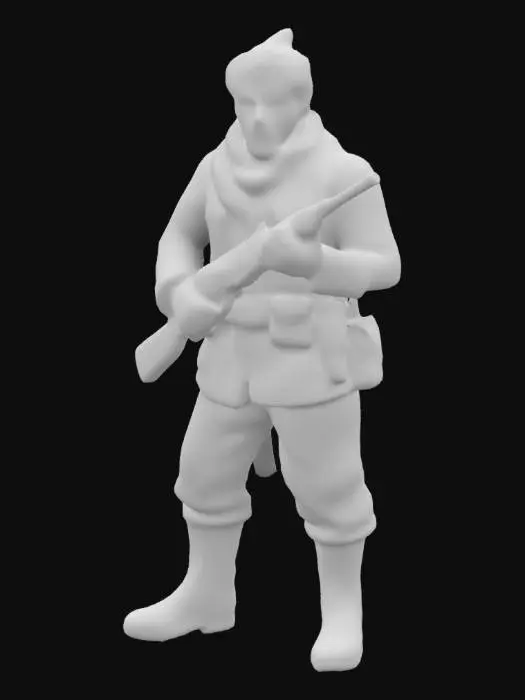 3D model for Miniatura de una tropa regular marroquí de la Guerra Civil Española, con uniforme tradicional de la época. Los soldados llevan chaquetas de color caqui, pantalones anchos y botas altas de cuero. Cada uno lleva un fezz rojo en la cabeza y una bandolera con munición. Están armados con fusiles Mauser y machetes.