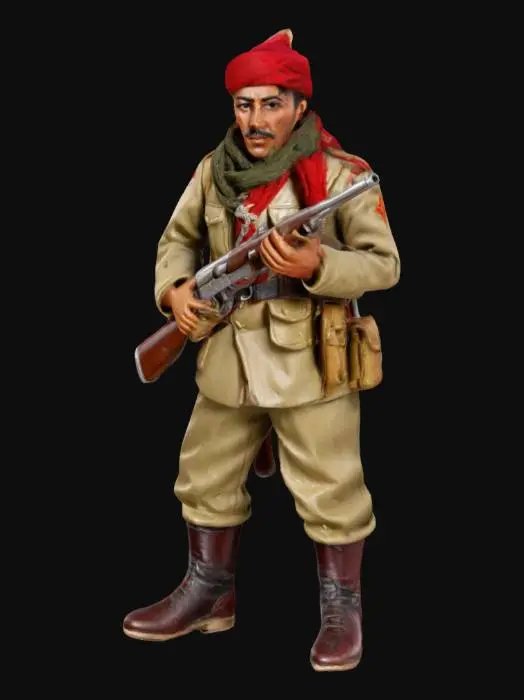 3D model for Miniatura de una tropa regular marroquí de la Guerra Civil Española, con uniforme tradicional de la época. Los soldados llevan chaquetas de color caqui, pantalones anchos y botas altas de cuero. Cada uno lleva un fezz rojo en la cabeza y una bandolera con munición. Están armados con fusiles Mauser y machetes.