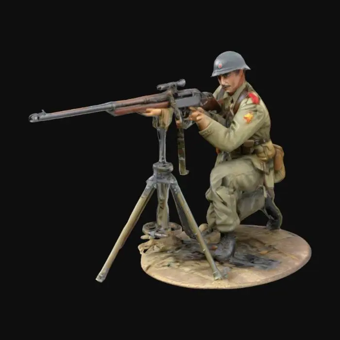 3D model for Generate miniature set featuring a Spanish Hotchkiss MG team from the Spanish Civil War  and period-accurate equipment. The Hotchkiss M1914 machine gun is mounted on a bipod, with one soldier operating the weapon and the second soldier assisting, feeding an ammunition belt or holding spare magazines. T