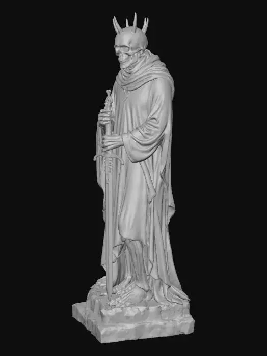 3D model for A standing skull statue holding a sword in one hand, made of weathered stone with gothic details. The skull has hollow eyes and a menacing grin, wearing a cracked crown. The sword is ancient and slightly rusted, pointing downward. The statue stands on a rugged pedestal surrounded by mist. Dramatic lighting from below enhances the eerie atmosphere. Highly detailed, realistic texture, cinematic style.