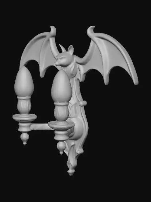 3D model for Generate a gothic wall-mounted lamp featuring a bat perched on top. The lamp should have an ornate, medieval-inspired base with wrought iron textures, pointed arches, and visible vintage-style light bulbs. The bat should be sculpted with outstretched wings and a slightly menacing posture, as if guarding the lamp. Use matte black and dark bronze materials, with subtle engravings and gothic motifs. The light bulbs should be Edison-style, exposed and symmetrically placed, emitting a warm amber glow that casts dramatic shadows. Ensure the back is flat for wall mounting, with realistic brackets and cable routing. Output as a high-poly mesh suitable for game engine import.