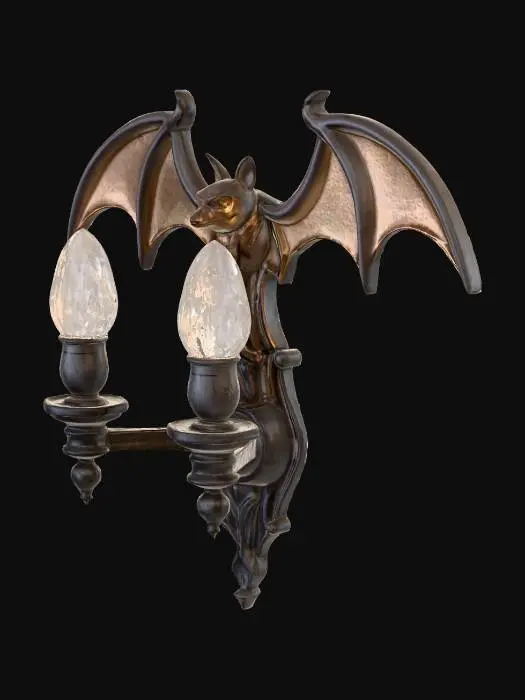 3D model for Generate a gothic wall-mounted lamp featuring a bat perched on top. The lamp should have an ornate, medieval-inspired base with wrought iron textures, pointed arches, and visible vintage-style light bulbs. The bat should be sculpted with outstretched wings and a slightly menacing posture, as if guarding the lamp. Use matte black and dark bronze materials, with subtle engravings and gothic motifs. The light bulbs should be Edison-style, exposed and symmetrically placed, emitting a warm amber glow that casts dramatic shadows. Ensure the back is flat for wall mounting, with realistic brackets and cable routing. Output as a high-poly mesh suitable for game engine import.