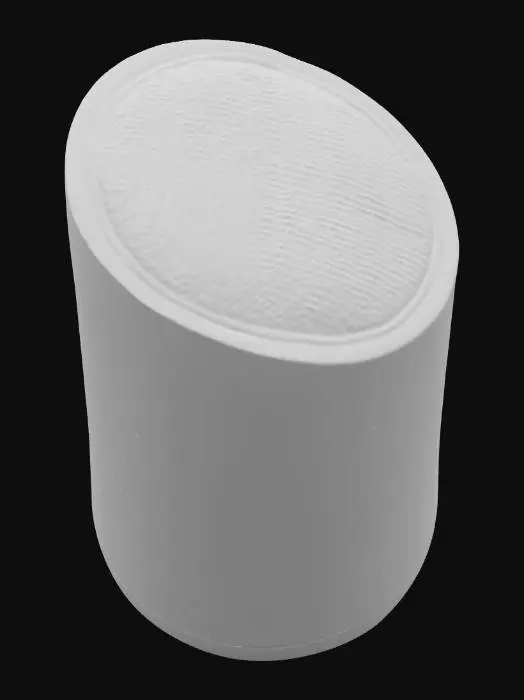 3D model for A sleek modern smart speaker, designed in a futuristic minimalistic style. 
Made entirely of silver or liquid mercury, with a flowing metallic texture that looks like streaming liquid metal. 
Smooth cylindrical body, subtle glowing light ring near the base, and no visible buttons. 
High detail, ultra realistic PBR textures, studio lighting, clean reflections. 
Futuristic product design, premium aesthetic, photorealistic render.